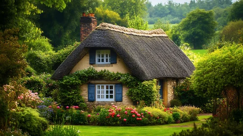 Storybook cottage nestles in lush summer flower garden