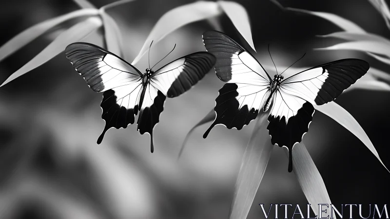 Monochrome swallowtail butterflies over soft blurred leaves.