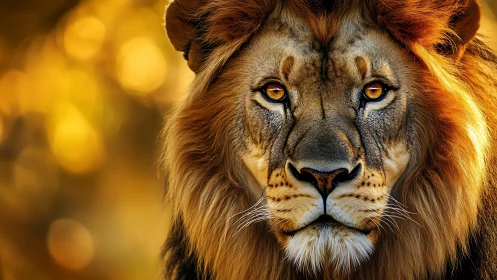 Majestic male lion portrait with golden bokeh glow.