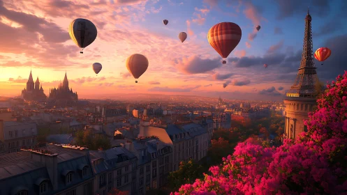 Hot air dreams drift over sunset Paris in luminous bloom