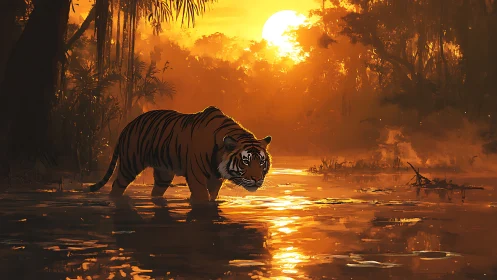 Digital painting of tiger in luminous sunset jungle shallows.
