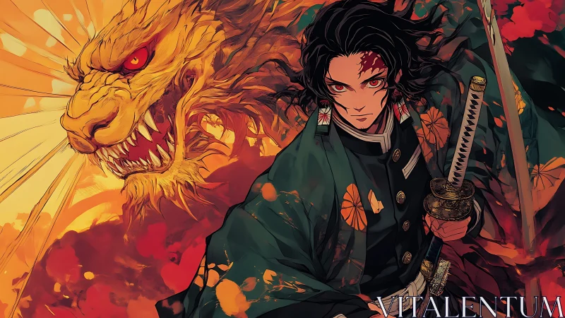 Swordsman with flaming lion spirit rendered in dynamic anime art