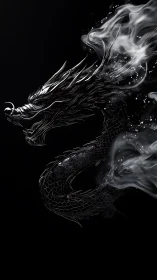 Black metallic dragon coils through smoke on dark background