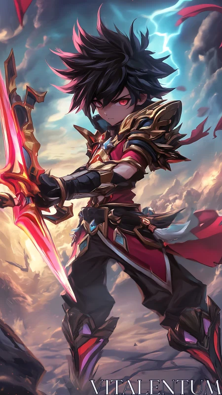 Stormlit chibi swordsman channels fierce crimson power.