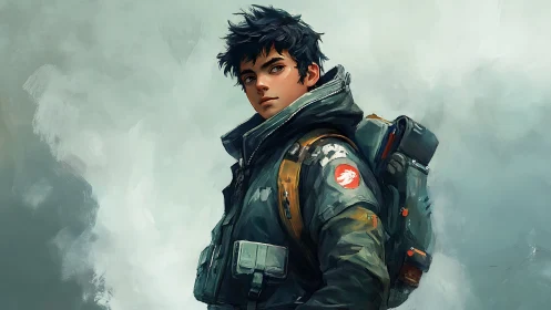 Young expedition traveler in tactical jacket and backpack.