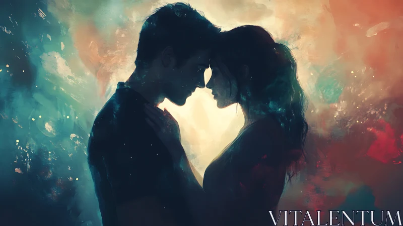 Silhouetted figures in convergent pose against luminous background.