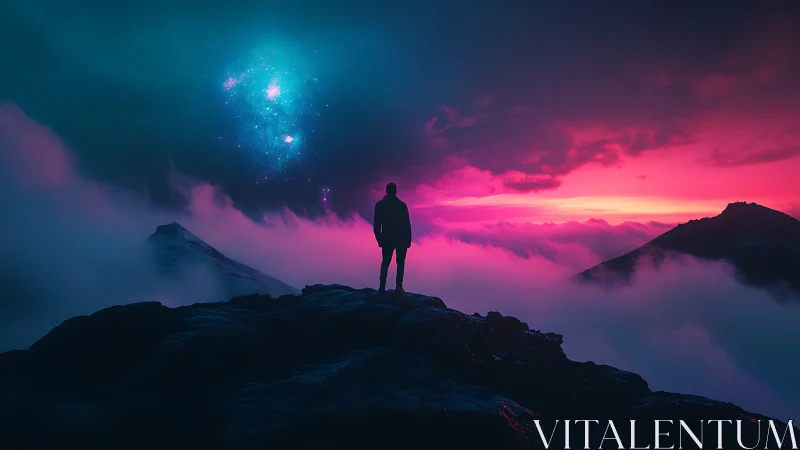 Stargazer on neon peaks beneath a galactic twilight sky.