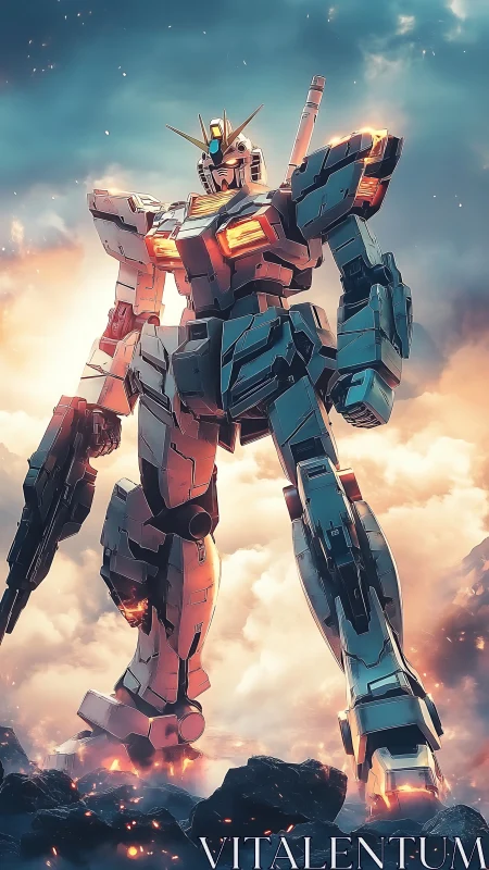 Armored combat mecha strides through burning volcanic battlefield