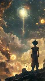 Lone anime warrior gazes into a radiant cosmic gateway