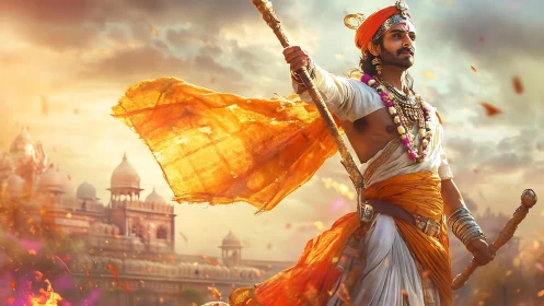 Heroic warrior in orange drapery under cinematic warm backlight