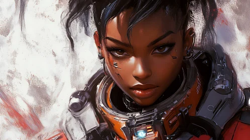 Futuristic space pilot portrait with detailed orange exosuit.