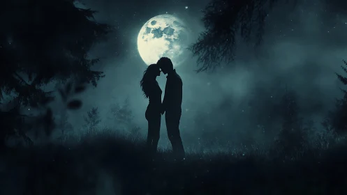 Silhouetted figures in moonlit forest setting.