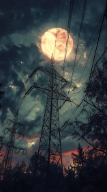 Digital painting of powerlines under oversized lunar halo.