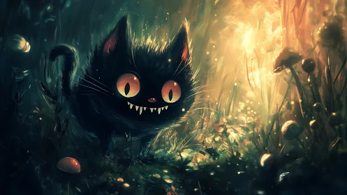 Black cat with glowing eyes in luminous forest scene.