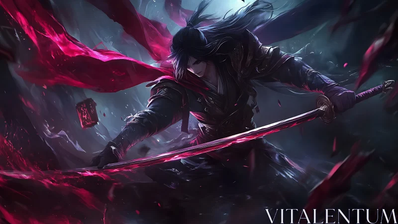 Dark fantasy swordsman slashing through red energy storm.