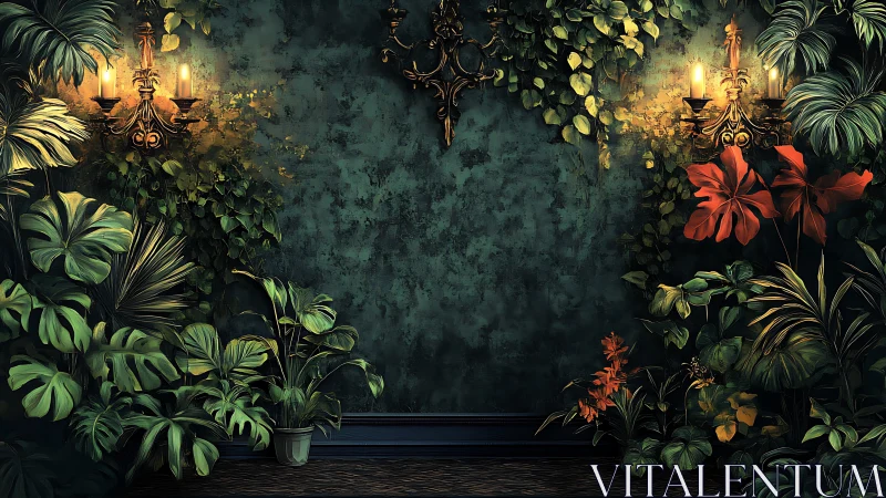Lush botanical wall with baroque sconces and moody lighting.
