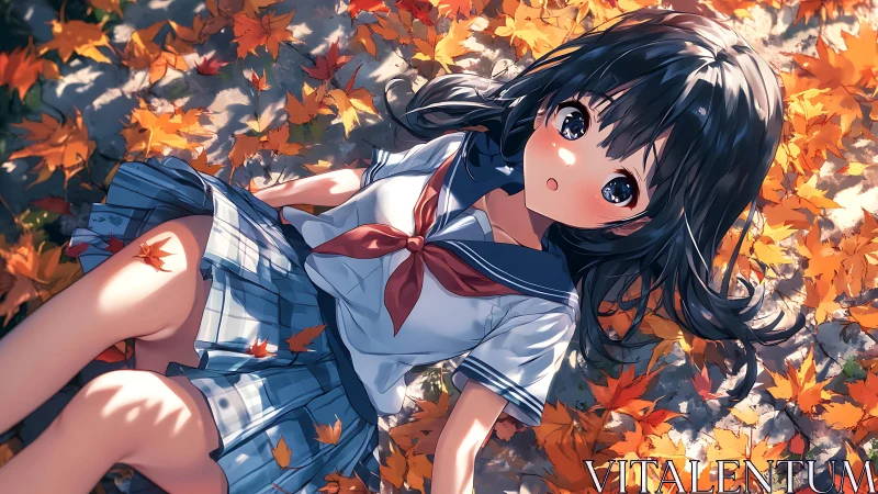 Autumn-lit schoolgirl reclining in maple leaf ground cover.