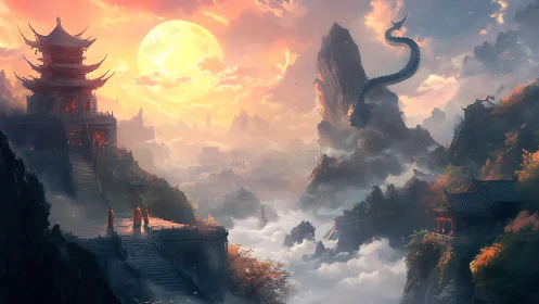 Temple terraces, full moon sky, mountain dragon presence.