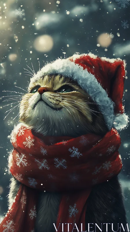 Festive tabby cat in Santa hat with snowflake scarf.