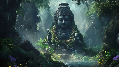 Jungle colossus in lotus calm, crowned by swirling greenery.