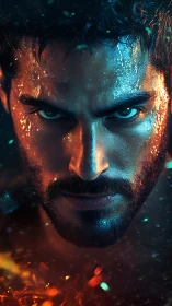 Intense male portrait glows under fiery teal cinematic light