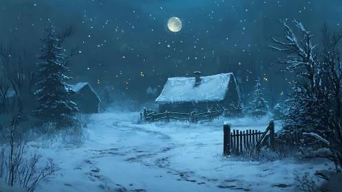 Snow covered cabin under full winter moonlight at night.
