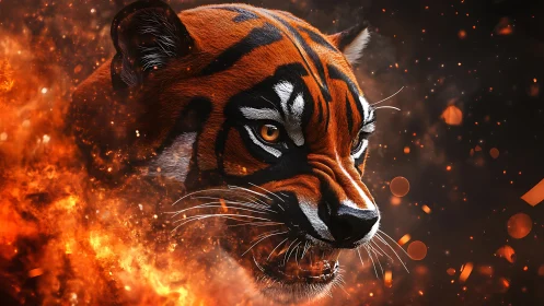 Fiery tiger roars through swirling sparks and embers.