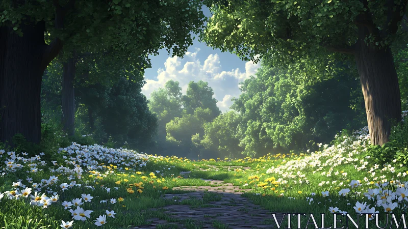 Enchanted Forest Path Through Blooming Wildflower Meadow