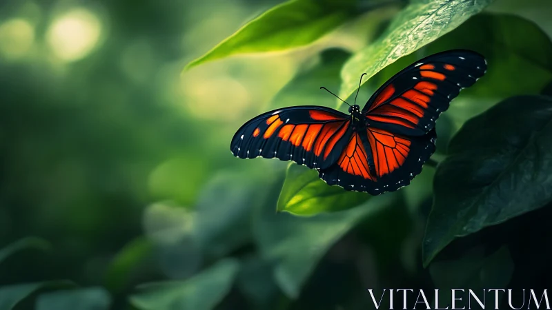 Gentle forest butterfly resting on lush emerald leaves.