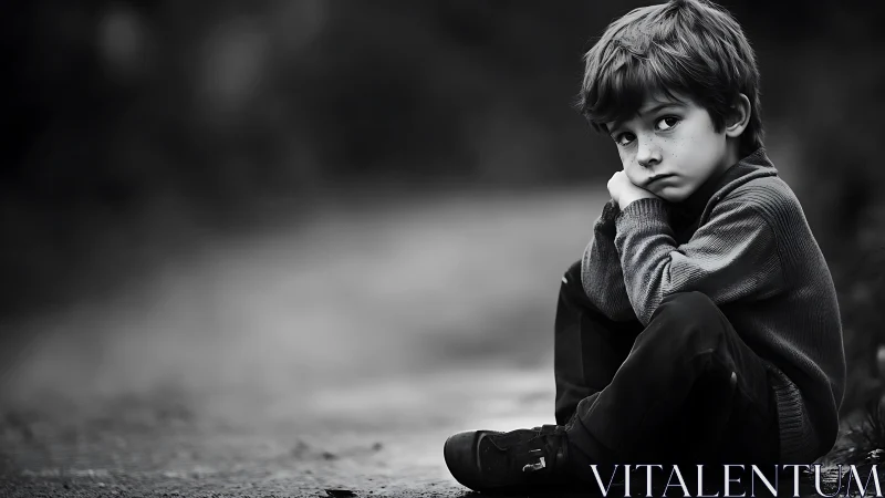 Melancholic child sits alone on empty road in grayscale