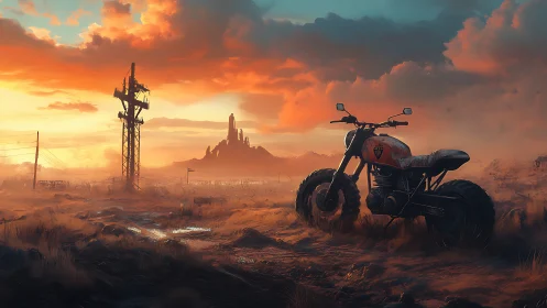 Motorcycle stands in arid plain beneath dense sunset clouds