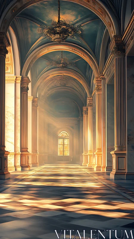 Sunlit baroque hall with soaring arches in soft haze.