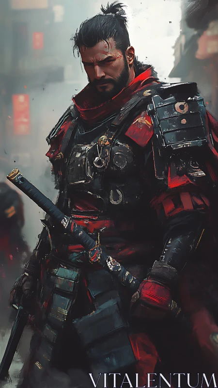 Battle worn samurai stands ready in misty city streets