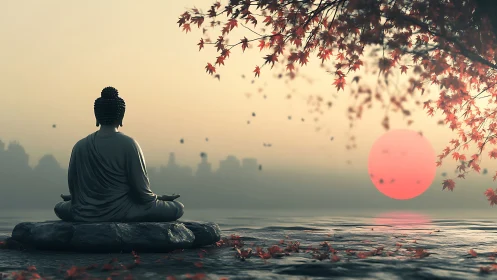 Serene Buddha watches autumn sun melt into misted water.