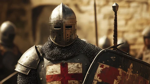 Medieval crusader knight in armor with shield and sword.