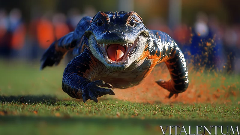 Photorealistic stylized alligator mascot sprinting across turf