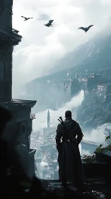 Wanderer above the mist, gazing toward a hidden mountain city.