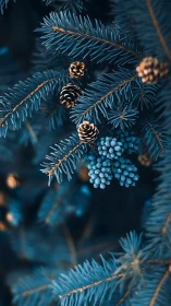 Blue-tinged pine needles and cones rest in tranquil winter light
