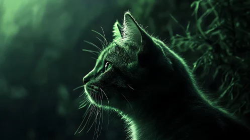 Luminescent Cat in Emerald Darkness with Glowing Eyes