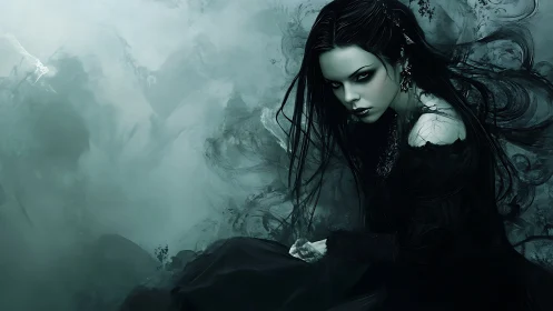 Storm-inked sorceress brooding in a teal ghost fog.