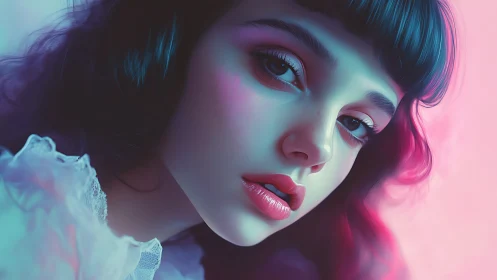 Digital portrait of young woman in cool pink lighting.