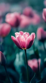 Pink tulip blooms in soft focus garden setting.