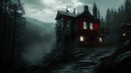 Gothic forest manor at dusk with ominous red facade lighting