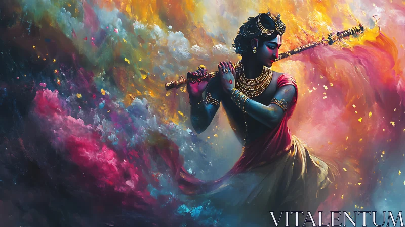 Divine flute player emerges within swirling cosmic clouds