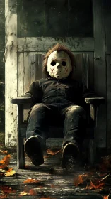 Masked figure seated on weathered porch in autumn setting.