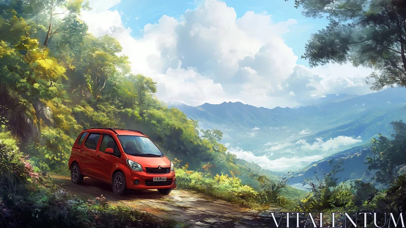 Compact red car pauses on sunlit mountain pass in digital painting