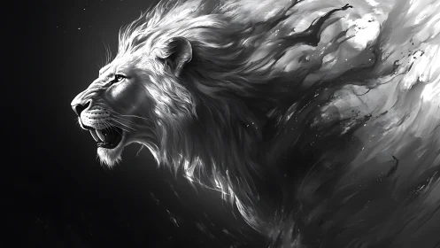 Roaring white lion with flowing mane in monochrome art