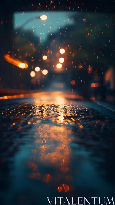 Urban street surface with rain reflections at night.