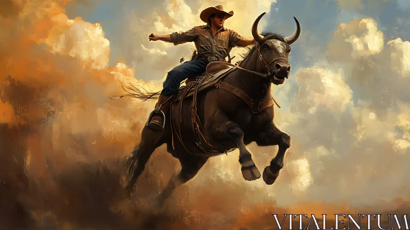 Cowboy rides a charging bull through stormy desert sky