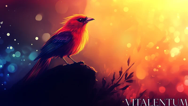 Vibrant Digital Art of Colorful Bird at Sunset with Glowing Lights.